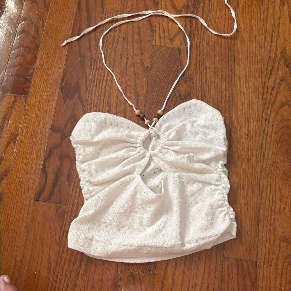 Pull&Bear White Eyelet Halter Crop Top